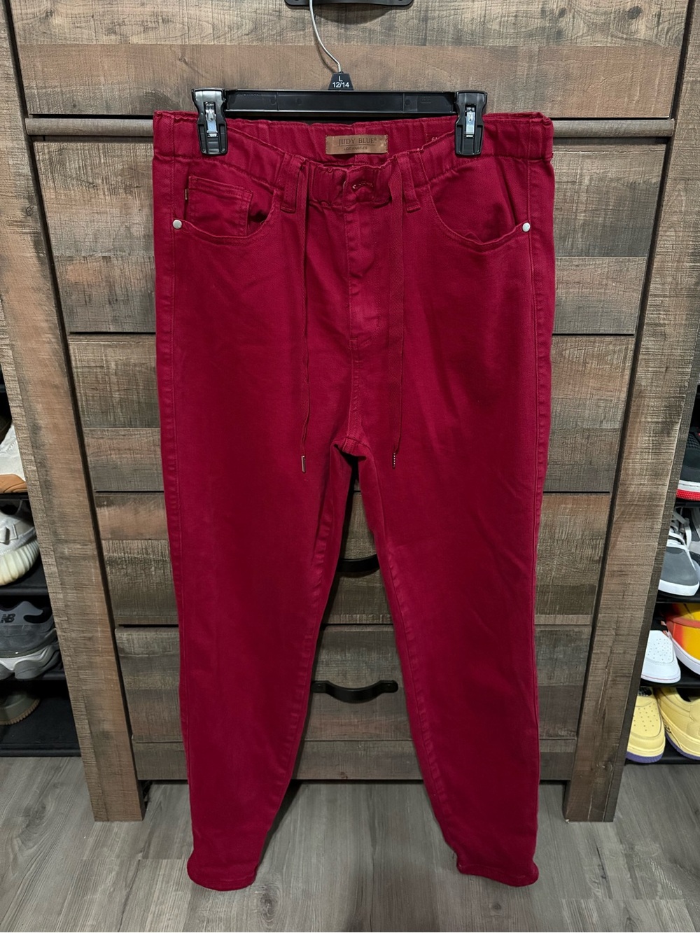 Judy Blue Slim Drawstring Jeans in Burgundy Red